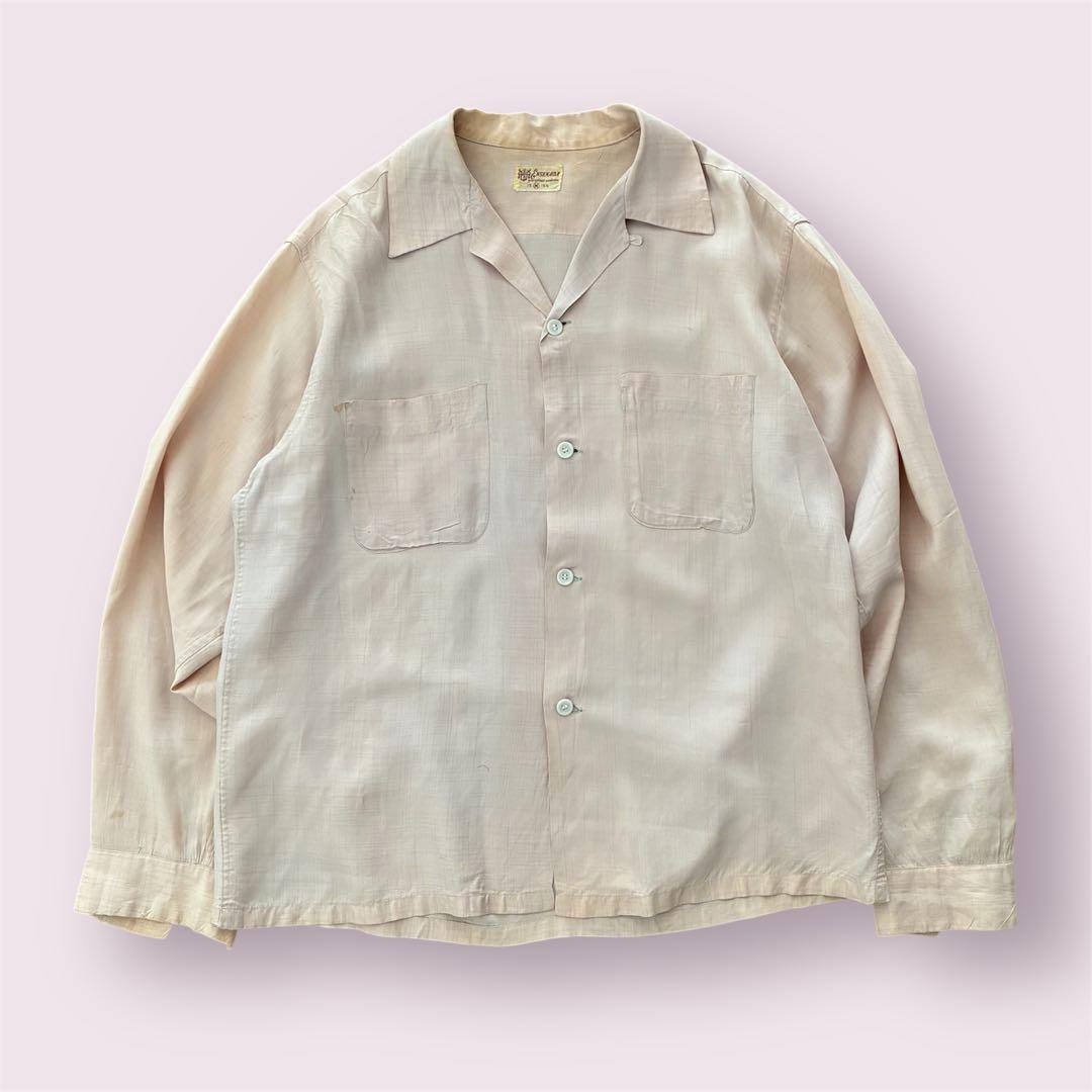 50s vintage 開襟シャツ カスリ 検 60s レーヨン ギャバジン 古着 50s Van Heusen 無地 ソリッド ハンドステッチ 開襟 ボックス