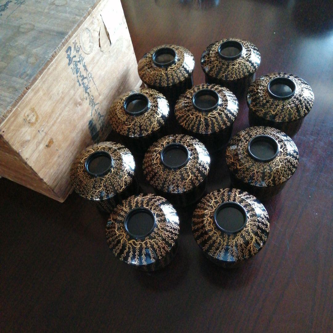 輪島塗　大崎庄右衛門　竹園自耕　金蒔絵枝垂柳紋吸物椀　10客　9cm　昭和中期