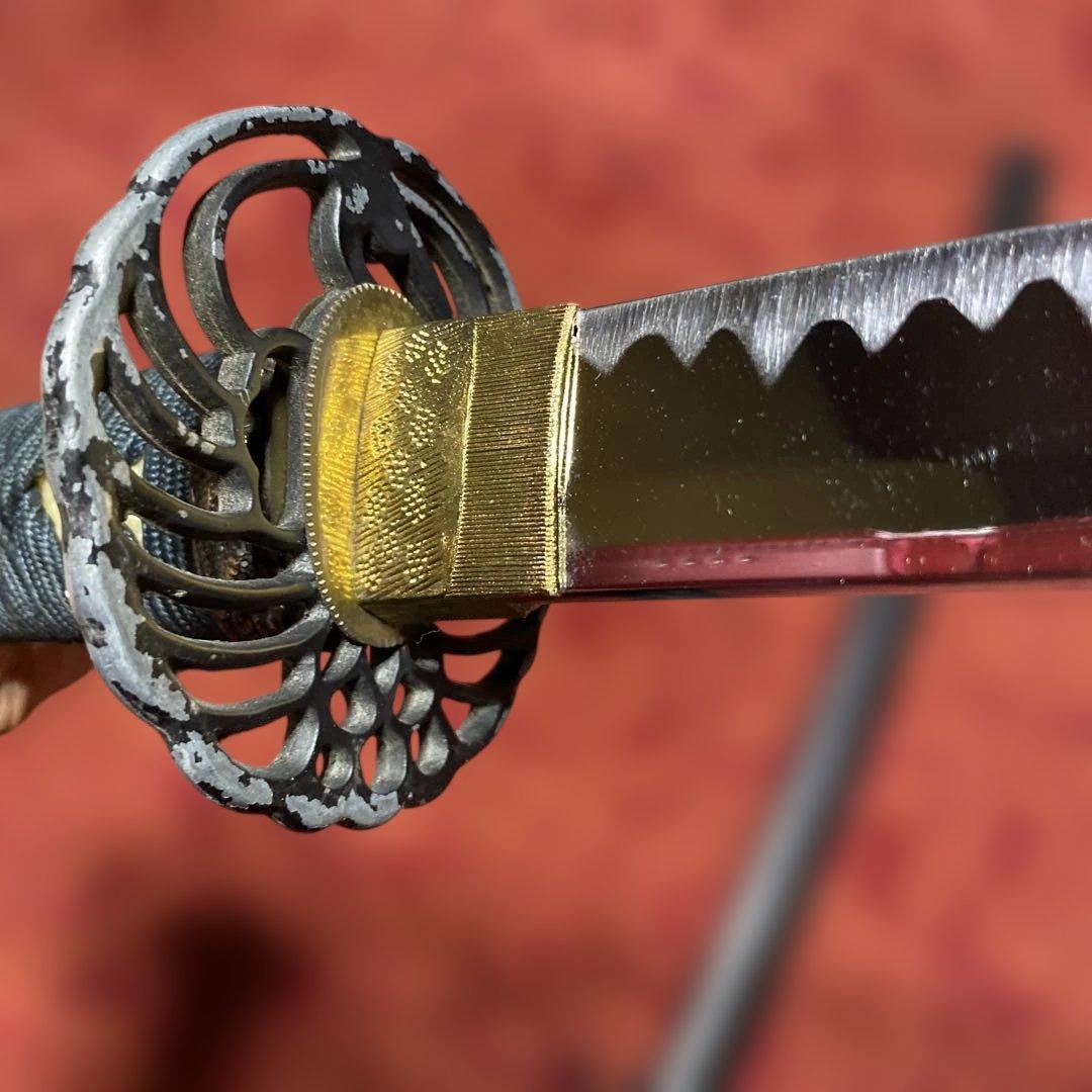 上質模造大刀 濃緑柄 鶴羽透し丸鍔 黒梨地鞘