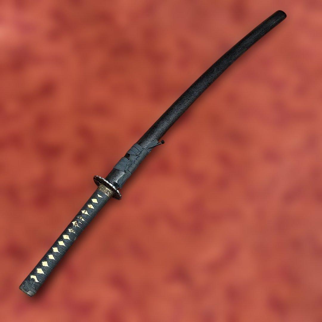 上質模造大刀 濃緑柄 鶴羽透し丸鍔 黒梨地鞘