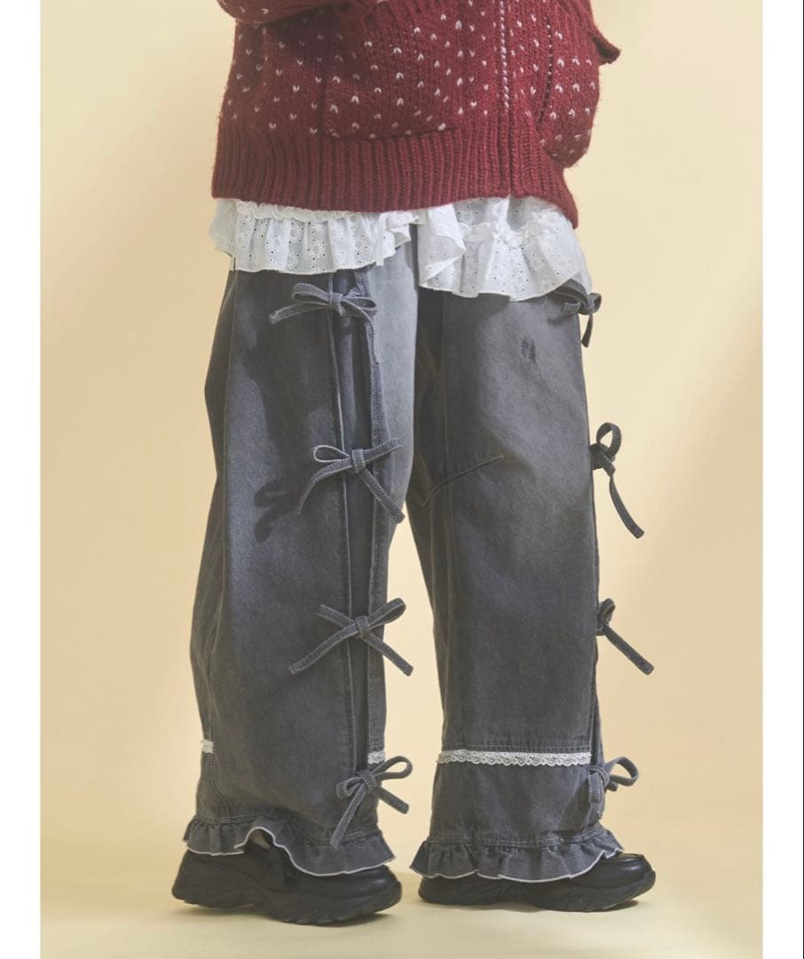 merry jenny バレルレッグリボンデニムパンツ