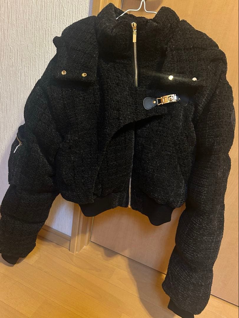 randy アシンメトリーバックルツイードパデットジャケット ブラック