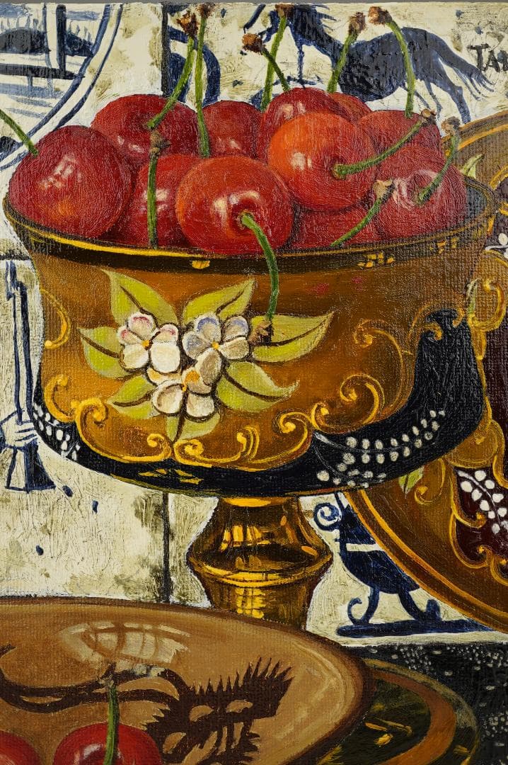 玉之内満雄 1994年作 「デルフトタイルの前のさくらんぼ」 油絵 真作