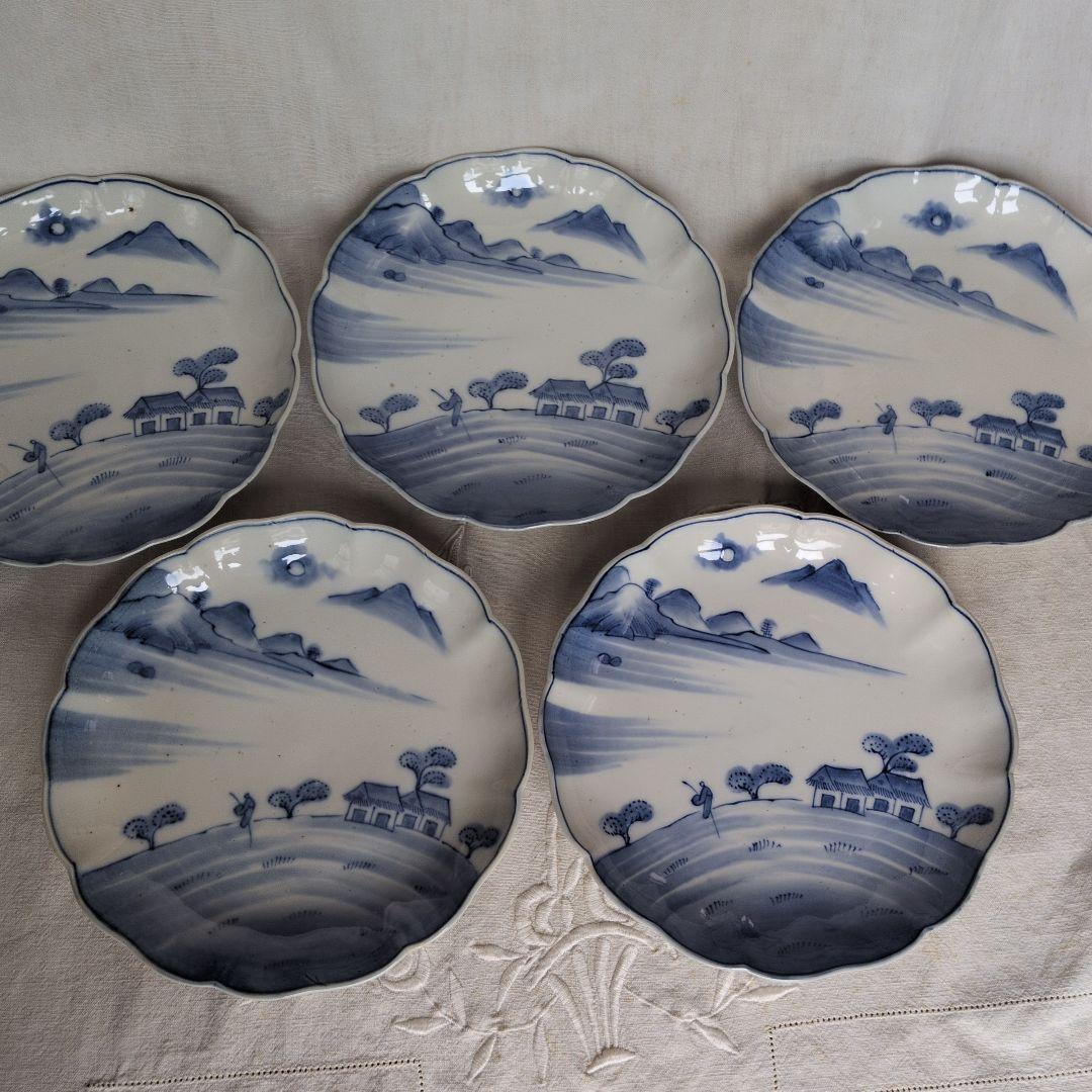 古伊万里 染付 七寸皿 5枚 山水賢人図