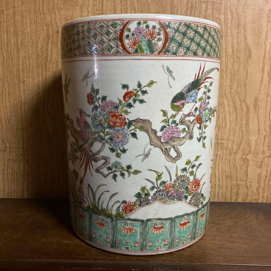 中国　色絵　粉彩　筒瓶　花鳥図　大明嘉靖年製