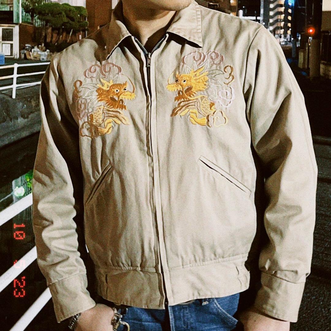 希少】東洋テーラー 別珍 襟付 スカジャン M 黒 龍 鷹 刺繍