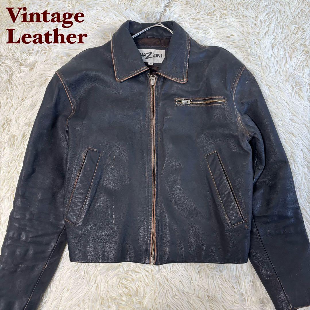 90's✨レザージャケット　シングルライダース　炭黒　フェード　本革　黒　M 本物 ムートンジャケット メンズ ブラック 黒 ライダースジャケット