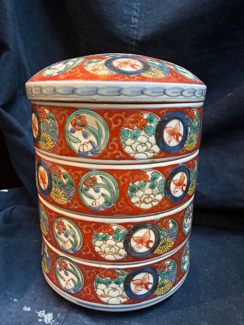 古伊万里　色絵　陶重　重箱　お節料理　江戸時代　傷直しあり　欠け無し