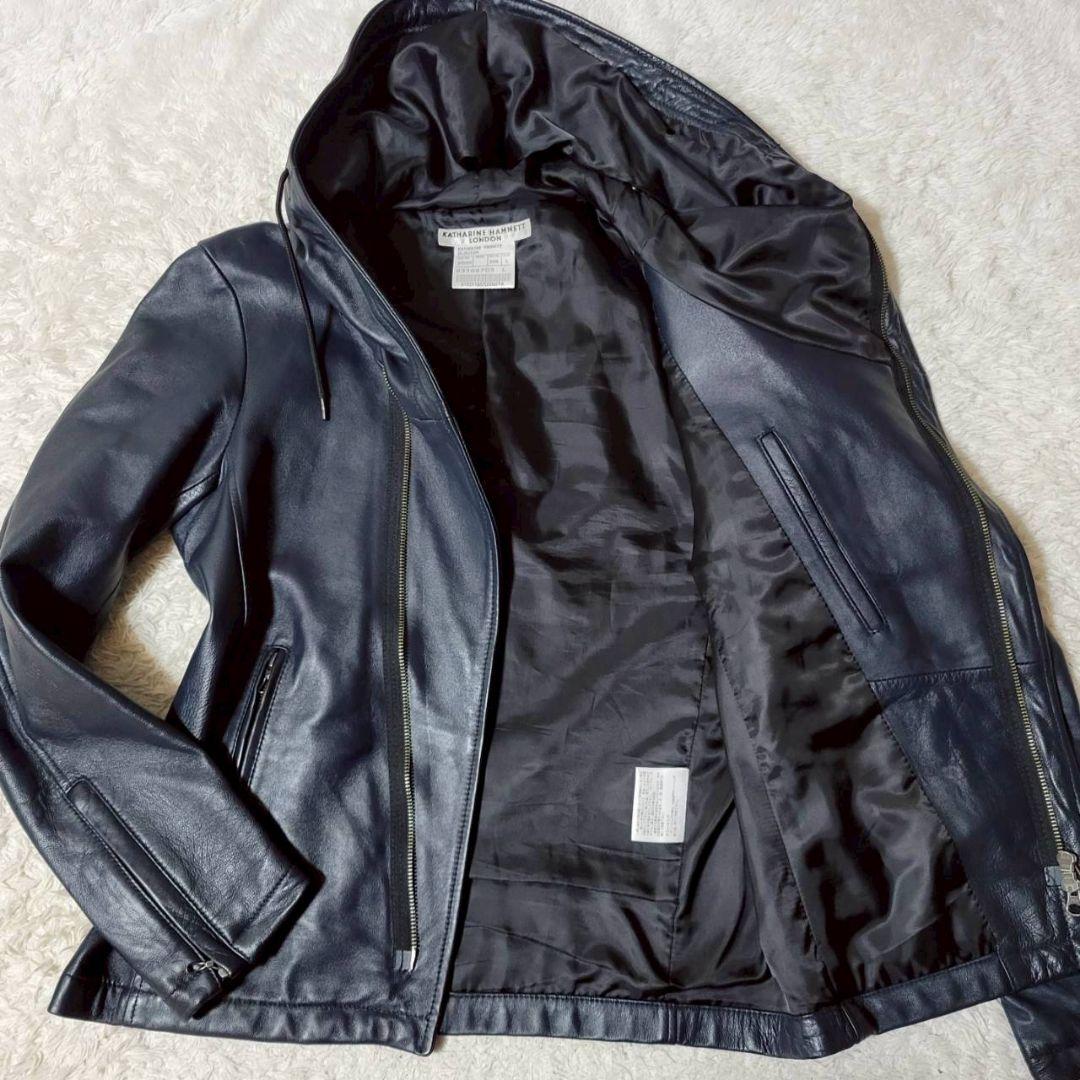 美品✨　キャサリンハムネットロンドン　シングルライダース　フード　羊革　紺　L