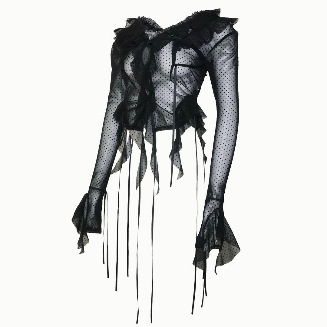 トップス theredthread S dot flow frill tops black THEREDTHREAD / ザレッドスレッド】S flow frill tops