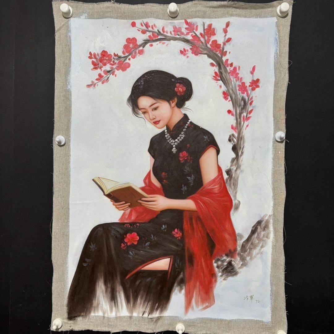 純手描き 水彩油画 人物画 冷军 作品図 中国絵画 約70×100cm 未表装