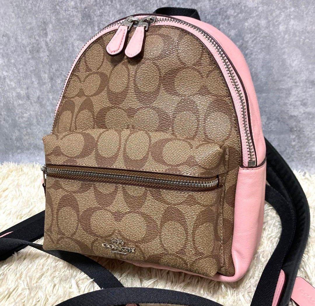 【送料込】コーチ リュック レザー ブラウン ピンク 500ml収納可