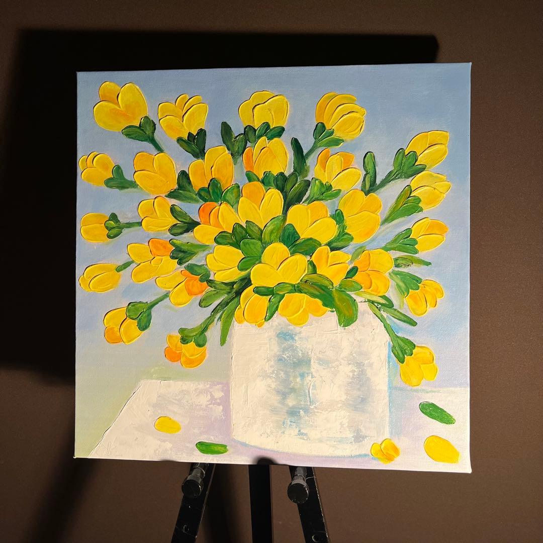 手書き油絵 花瓶の花 イエロー 肉筆絵画 インテリア 油彩画