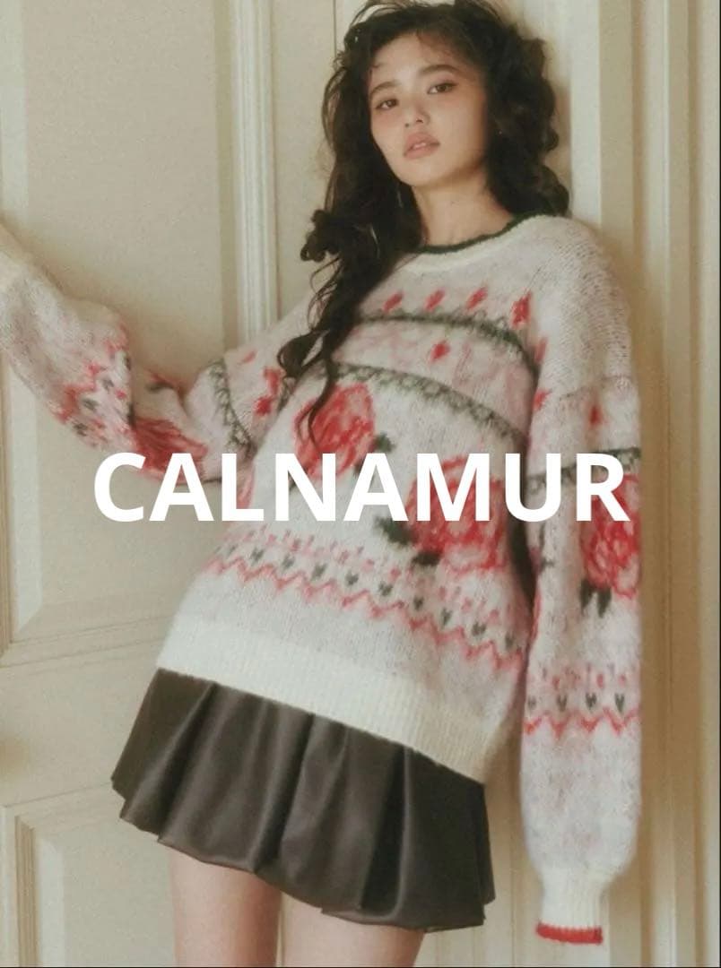 CALNAMUR ローズ＆リボンジャガードニット ホワイト / FREE