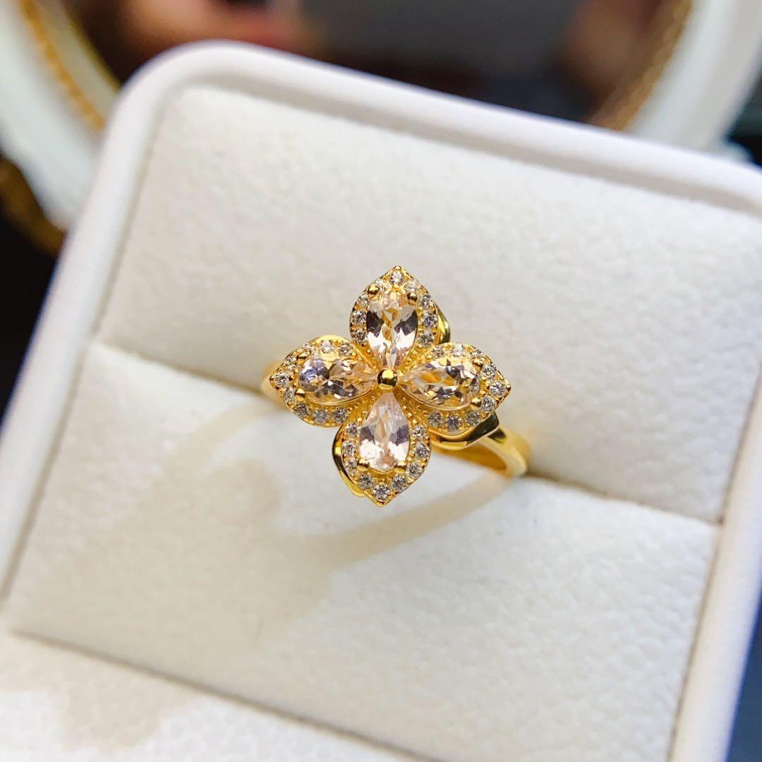 天然モルガナイト 淡いピンク 四つ葉モチーフ 回転 S925銀18KGP リング