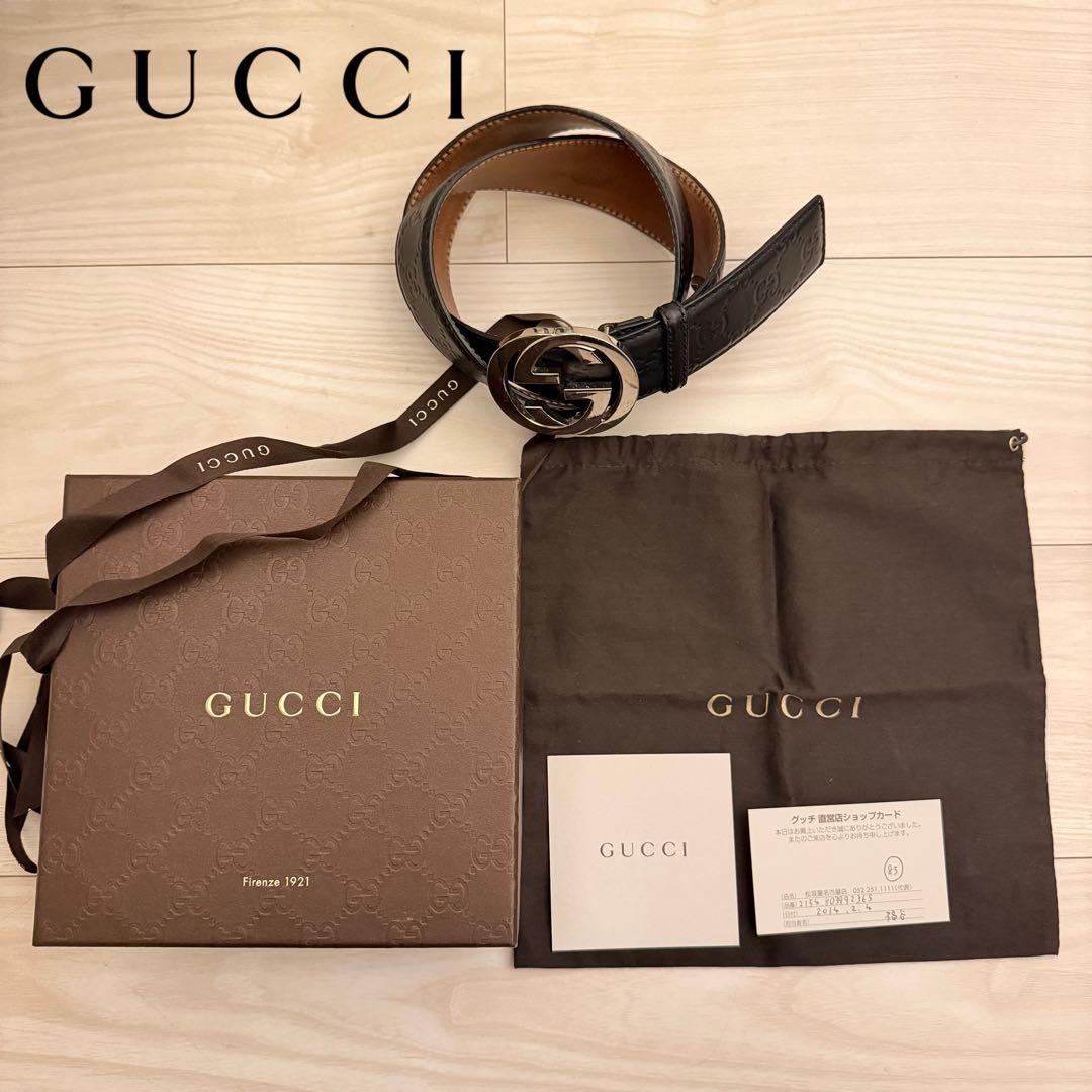Gucci グッチ　黒　ブラック　革　レザーベルト Gロゴバックル　グッチ