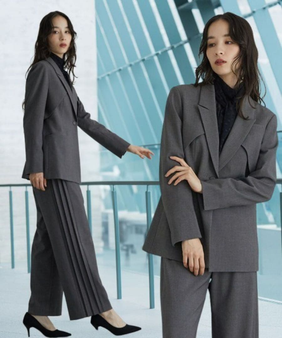 洗える防しわデザインテーラードジャケットプリーツパンツストレッチスーツ