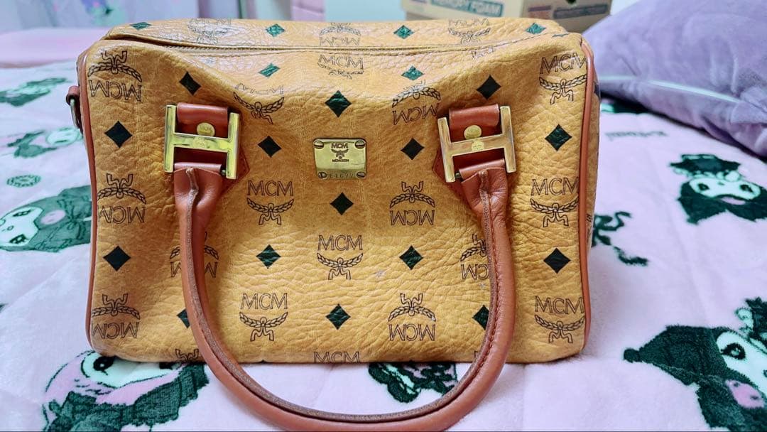 MCM ボストンバッグ ベージュ ロゴプリント