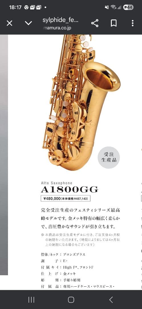 極美品【定価48万】Festi 金メッキ 1800GG GPアルトサックス - メルカリ