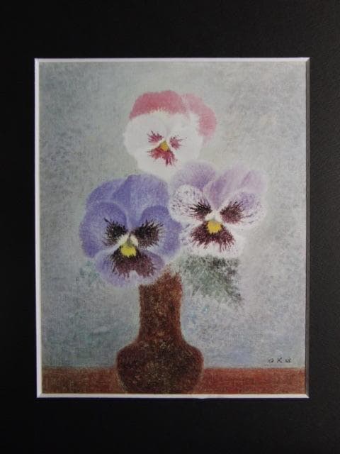 岡鹿之助、【三色すみれ】、希少な大判額装用画集より、美品、日本人