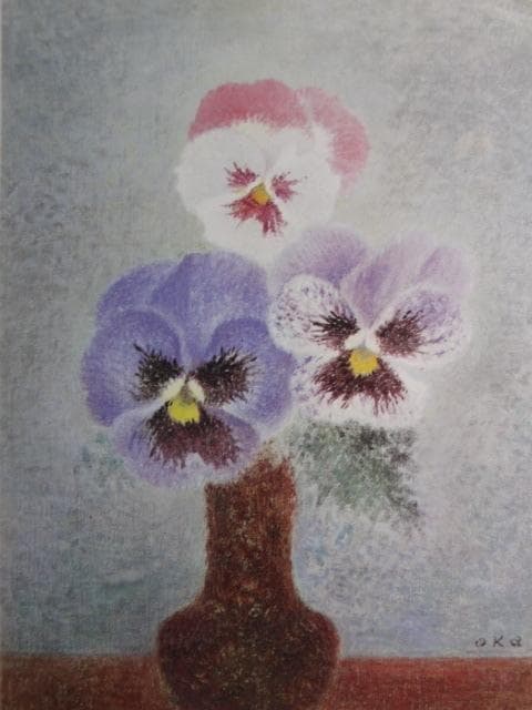 岡鹿之助、【三色すみれ】、希少な大判額装用画集より、美品、日本人