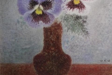 岡鹿之助、【三色すみれ】、希少な大判額装用画集より、美品、日本人