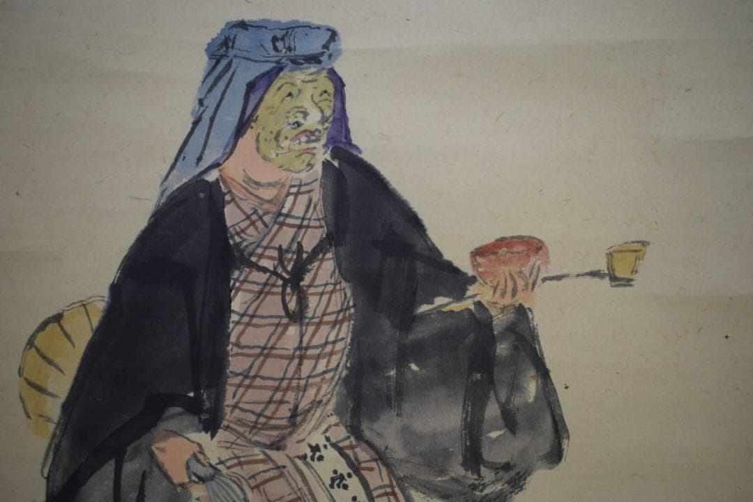 真作/玉手棠洲の子/玉手菊洲/人物/能面/翁/茶道/茶碗/布袋屋掛軸HK-100