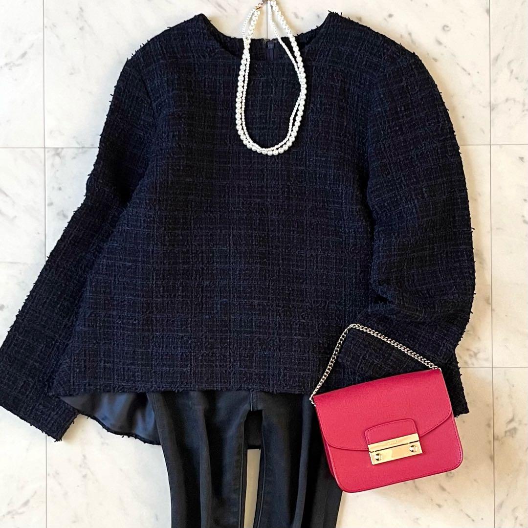 美品♪デミルクスビームス ツイードペプラムプルオーバー 38 ネイビー系ミックス