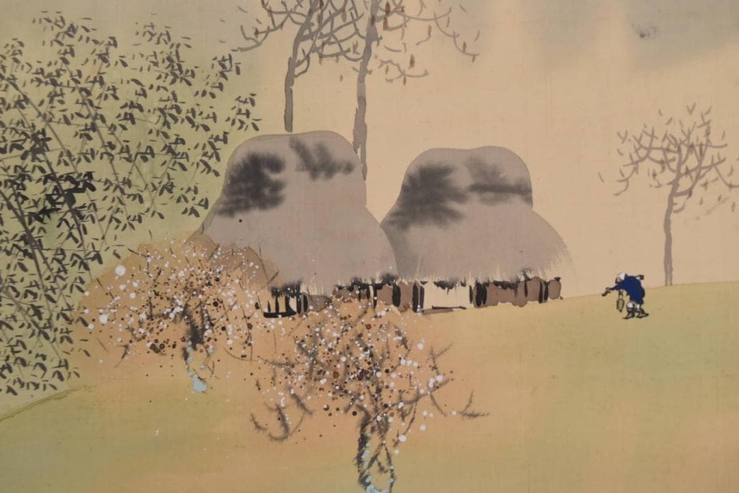 真作】秋岳/早春田家図/農村風景図/掛軸/名家伝来/AA-933