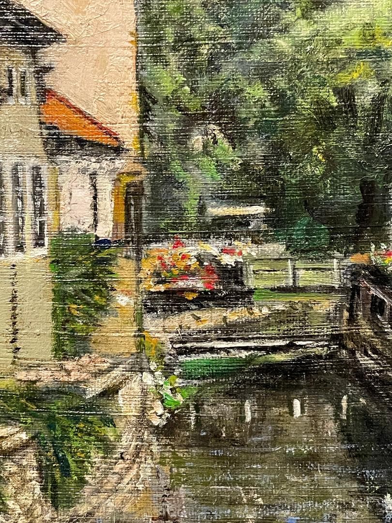 真作」真殿靖「チェスキークルムロフ」風景画 油彩画 額装 サイン有り