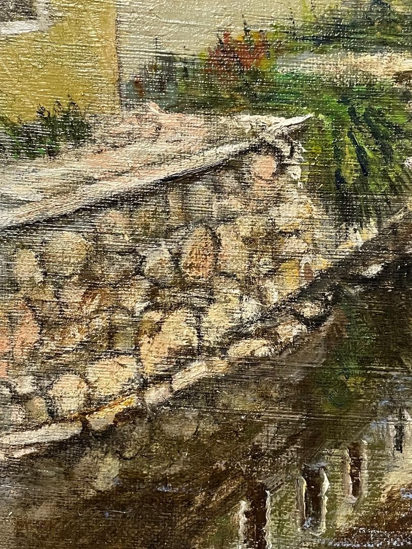 真作」真殿靖「チェスキークルムロフ」風景画 油彩画 額装 サイン有り