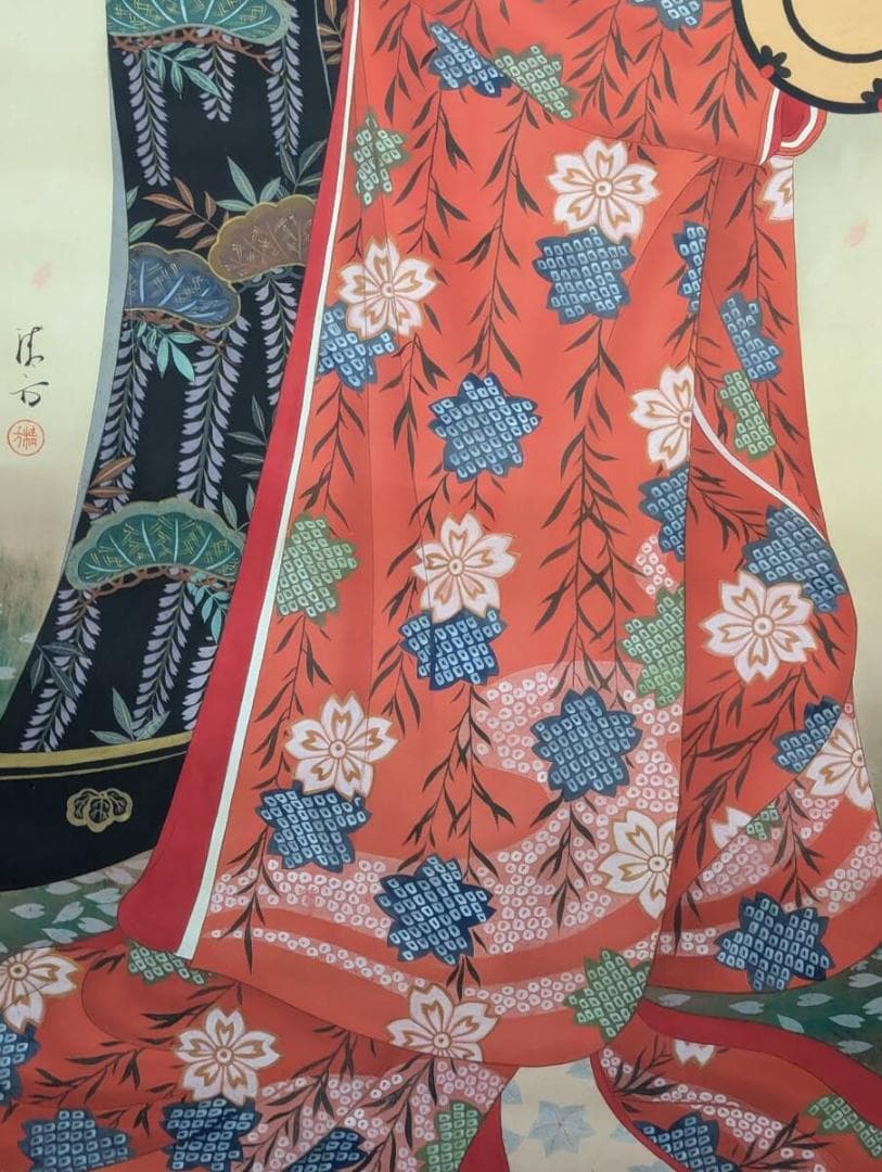 真作】掛軸 艶やか美人画 花魁図 桜と花魁の華やぎ 二重箱入（合箱