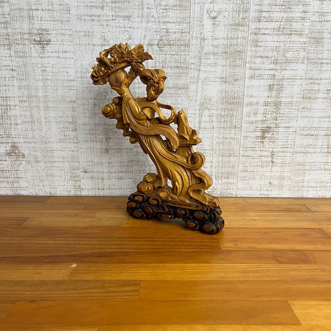 【アンティーク】木彫り 彫刻 中国 天女像 飛天 仏像 縁起物 置物 蔵出し