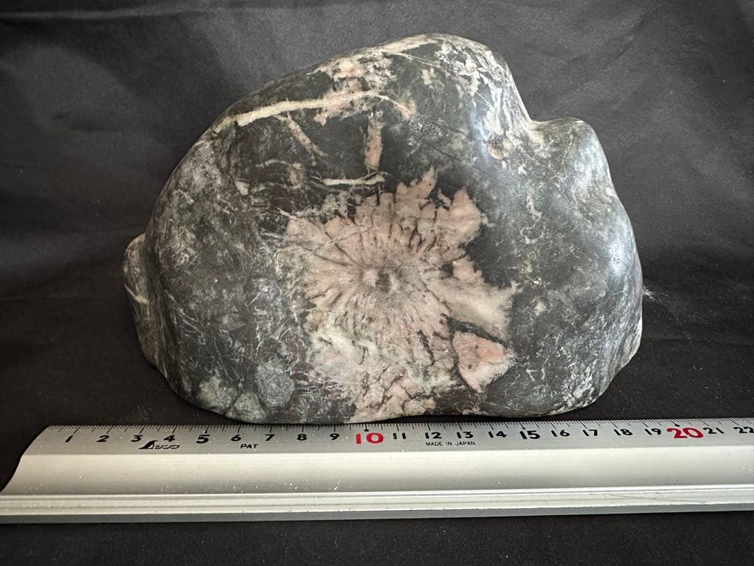 菊花石 薄紅菊&白菊 2.5kg 手彫り台座付き/水石 鑑賞石 鉱物