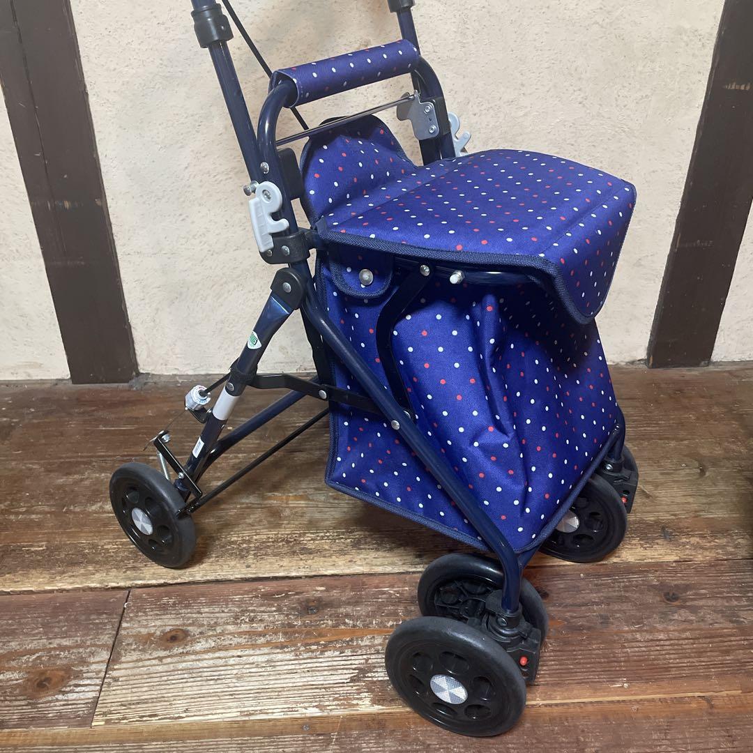 美品　マキテック　シルバーカー らくらくスリムバスケット ドットネイビー