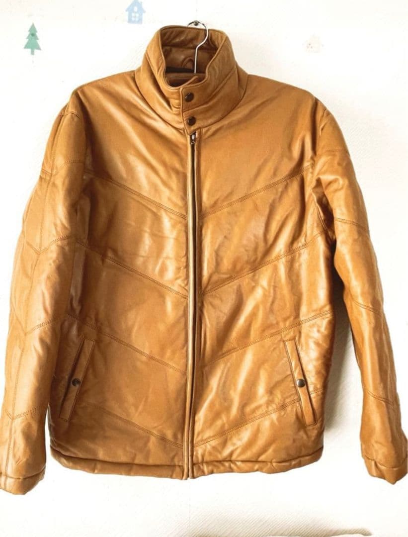 【新品同様】キャメル レザーダウンジャケット リブ袖 Lサイズ