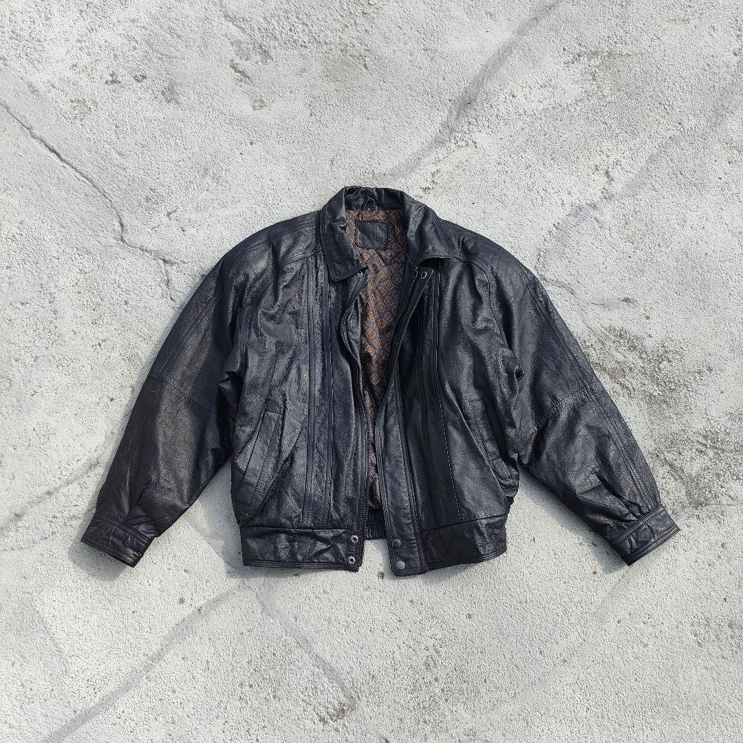 レザージャケット L相当 ブラック 本革 総柄裏地　ボンバージャケット
