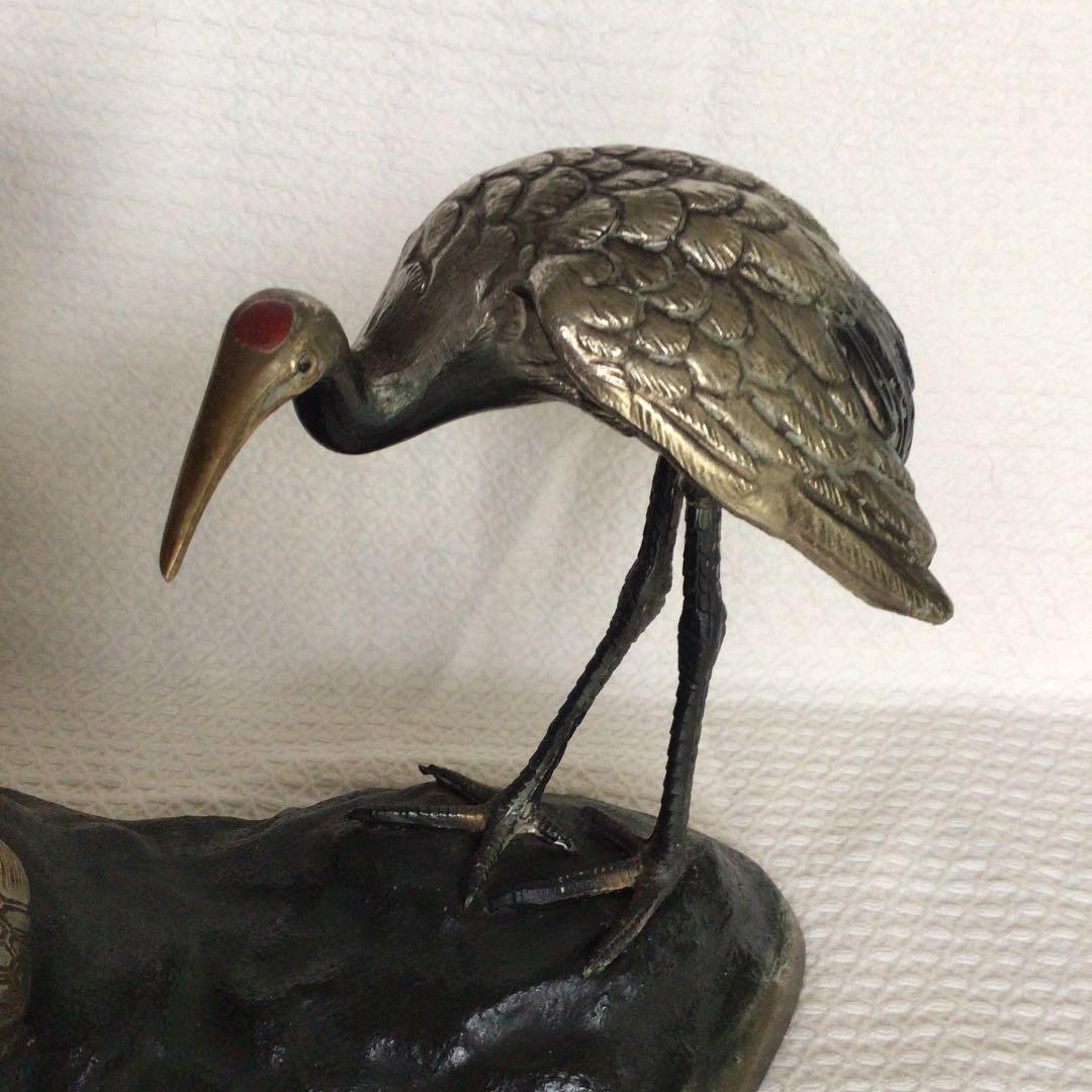 美品]鶴亀置物 骨董品 縁起物 岩上に鶴亀 古銅色分け青銅 美術工芸品