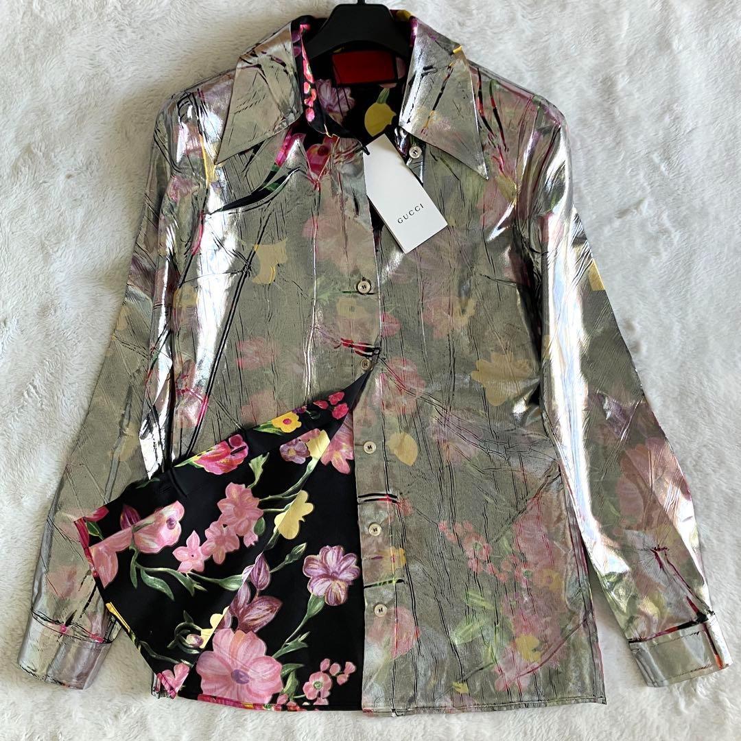 新品 グッチ 18SS シルク総花柄 ラミネート加工 長袖シャツ 38 シルバー パイピング柄ブラウス｜長袖｜ニコル公式通販サイト｜NICOLE ONLINE SHOP