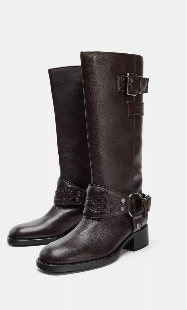 ダークブラウン レザー ロングブーツ　本革　Zara完売品