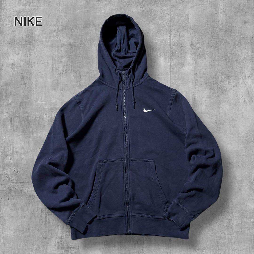2461 古着NIKEナイキフルジップスウェットパーカー刺繍ロゴ短丈茄子紺Y2K