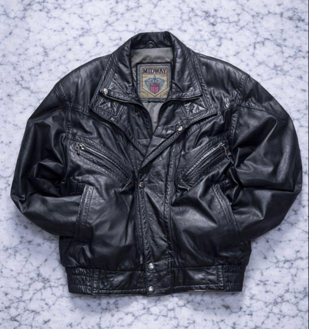(^^) MIDWAY ブラックレザーライダースジャケット フライトA2
