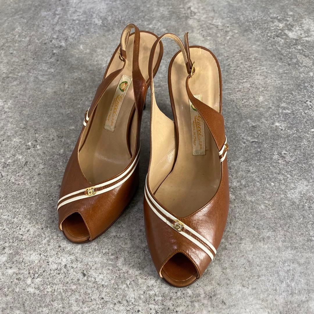 靴 Old Gucci open-toe pumps brown leather