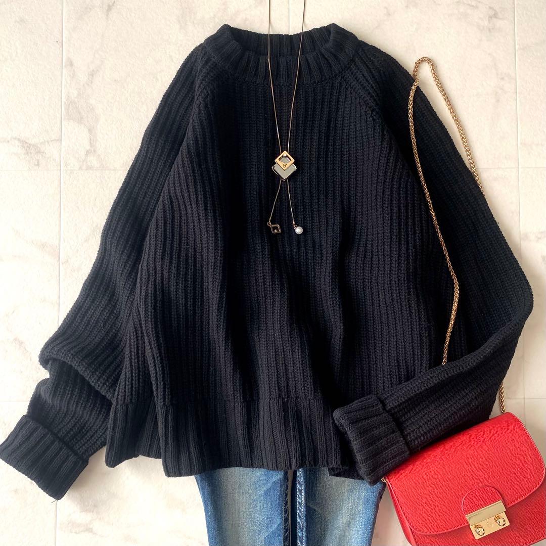 美品☆アドーア ウール あぜ編み クルーネックニット 裾スリット ゆったり 黒