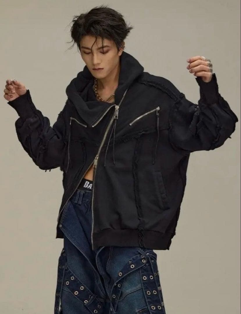 古着 FLYERRER 変形ジップパーカー フーディー ブラック Lサイズ