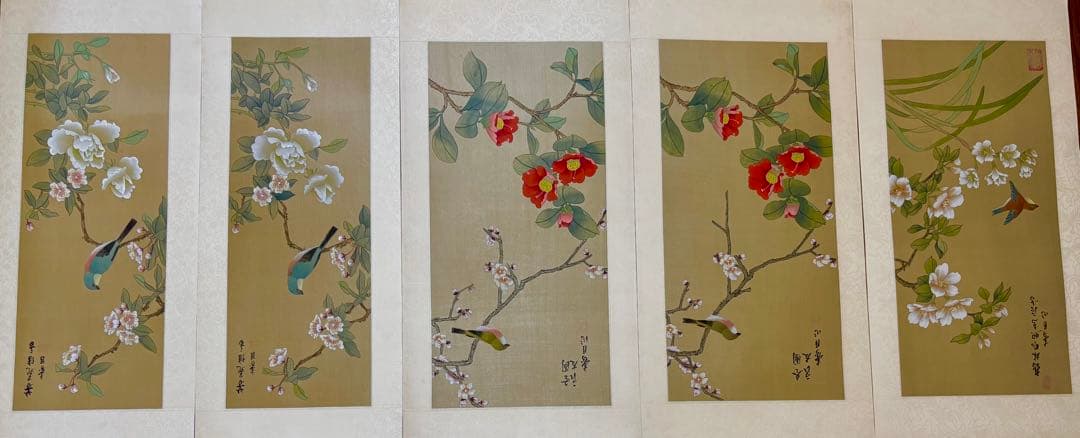 中国清代画家（王时敏画伯）の肉筆模写作品轴と肉筆花鳥画（5枚）共に古い絹本作品） 中国清代画家（王时敏画伯）の肉筆模写作品轴と肉筆花鳥画（5枚）共に