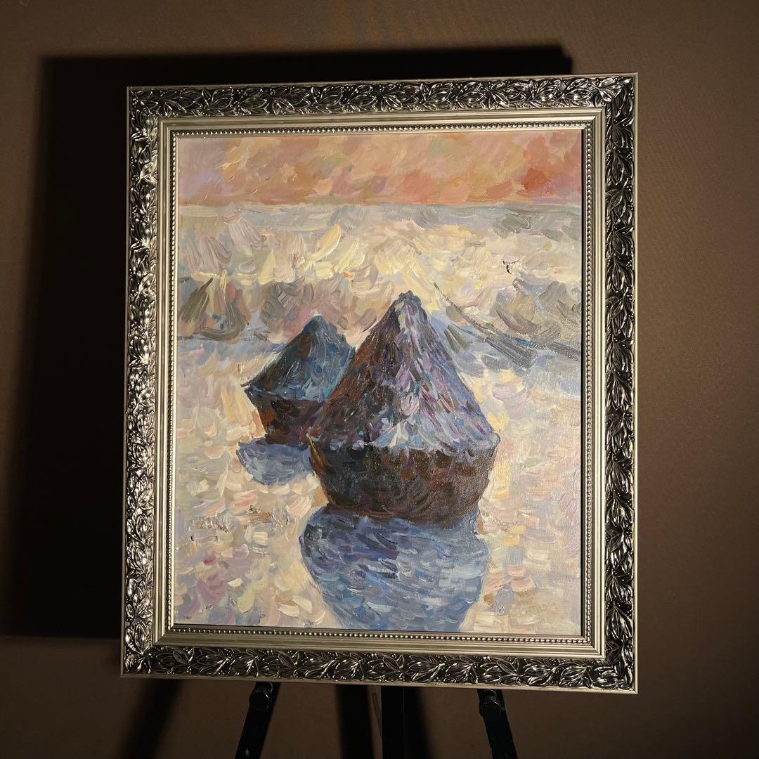 手書き油絵 クロード・モネ 積みわら 雪の効果 額付 絵画 インテリア 油彩画