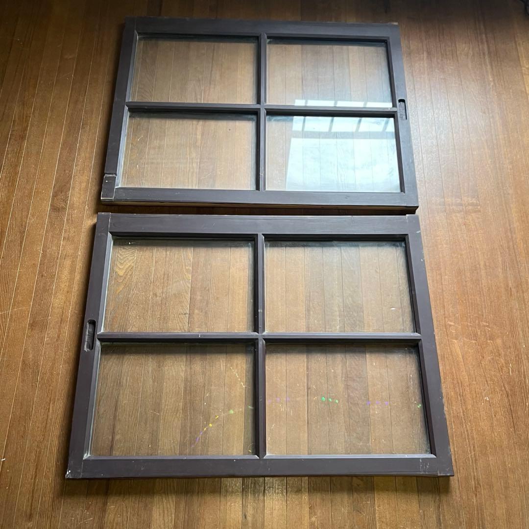 アンティーク】昭和レトロ 木製 建具 格子窓 引き戸 ガラス戸 2枚組 古