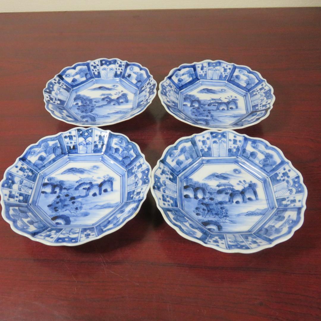 皿 4枚 染付 山水文様 幾何学 唐草 八角皿 変わり縁