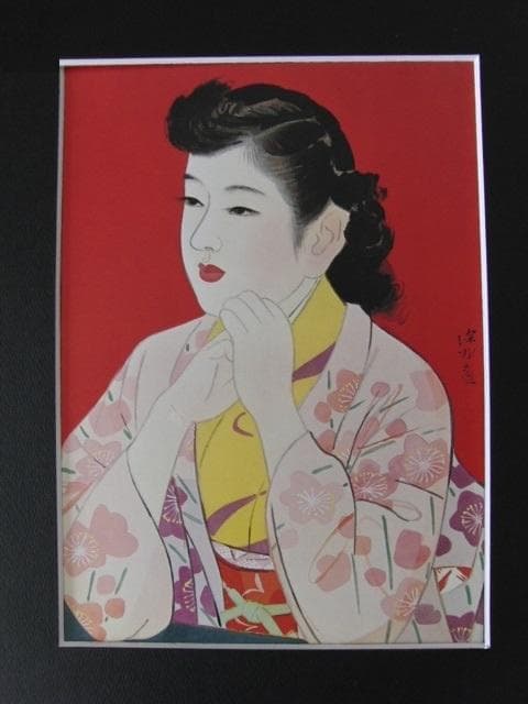 伊東深水、【赤いバックの女】、希少な大判額装用画集より、豪華限定版